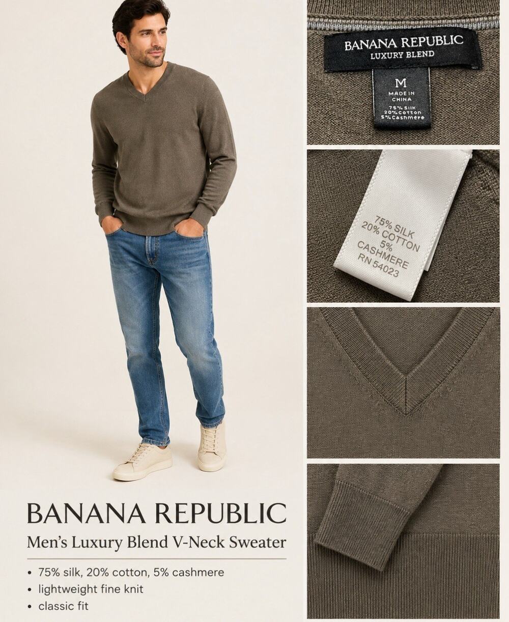 Preppy Old Money Banana Republic Luxury Blend V-Neck Sweater Size M Olive Green